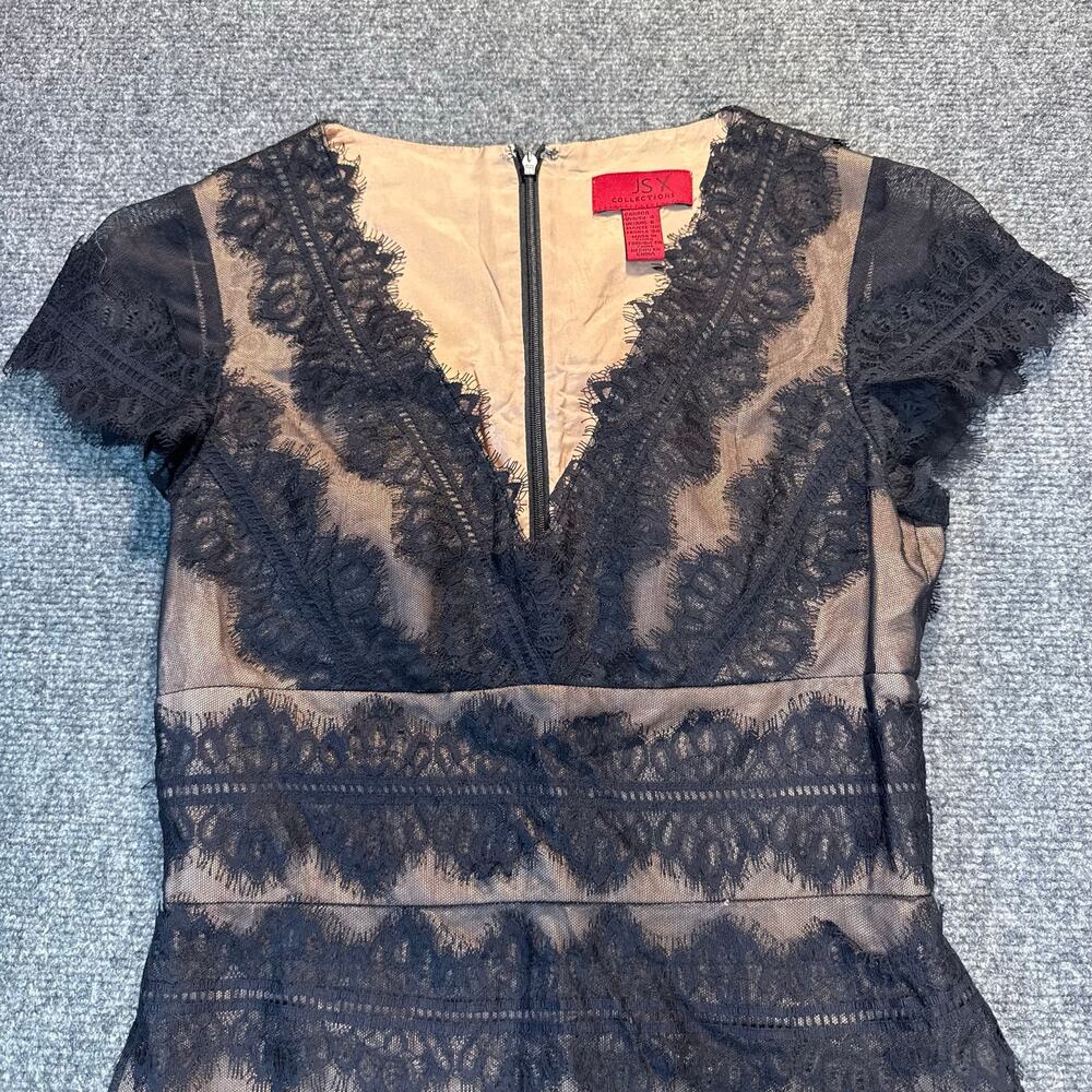 JS Collections Black Lace Tan Illusion Stripe Cocktail Party A Line Dress Size 4 - Picture 2 of 10